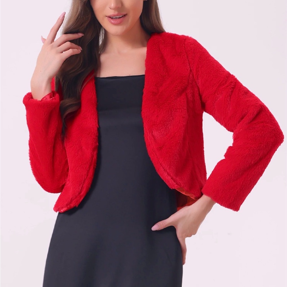 Allegra K Red Faux Fur Cropped Jacket